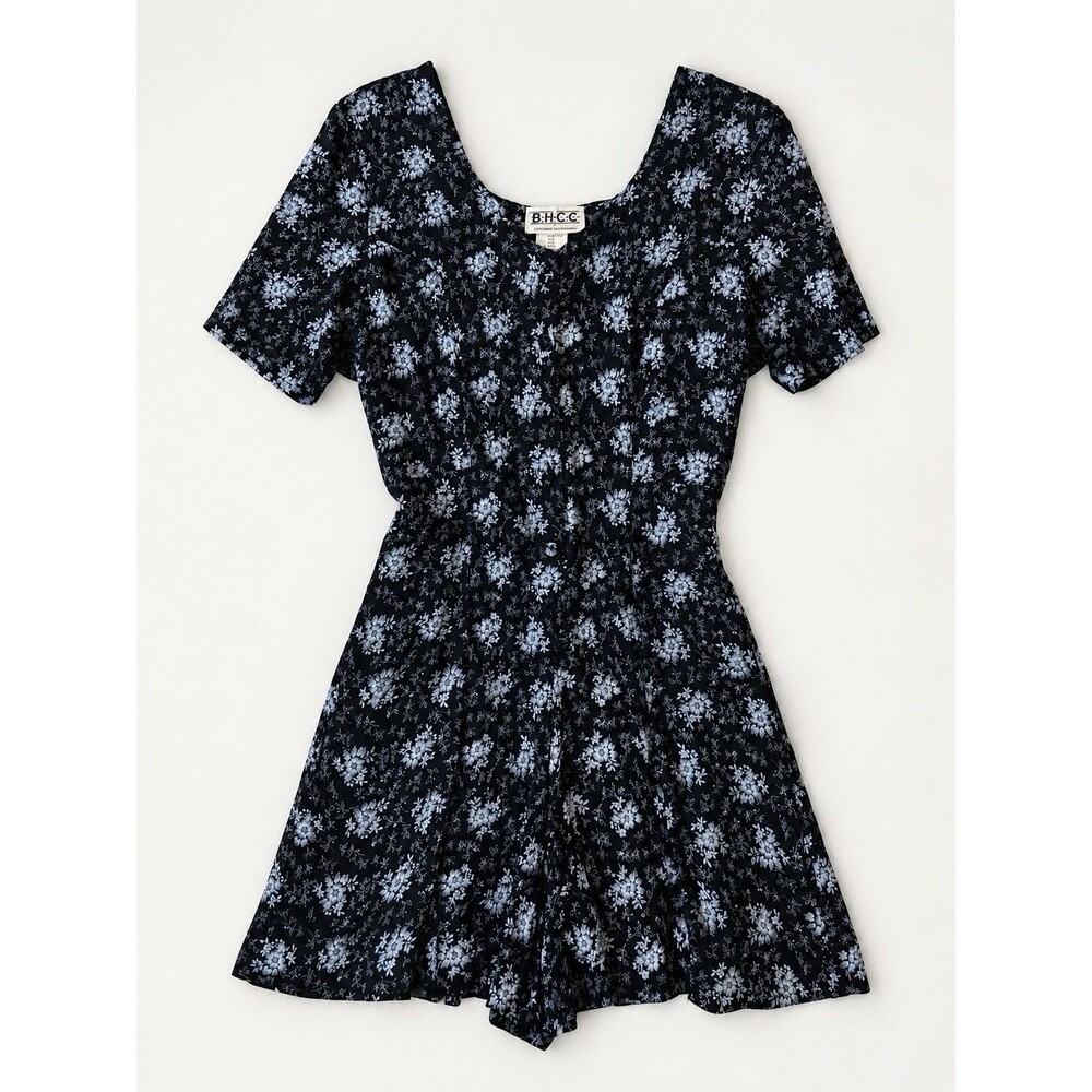 Vintage 90s Floral Romper Rayon Jumpsuit Black White Cottagecore Grunge